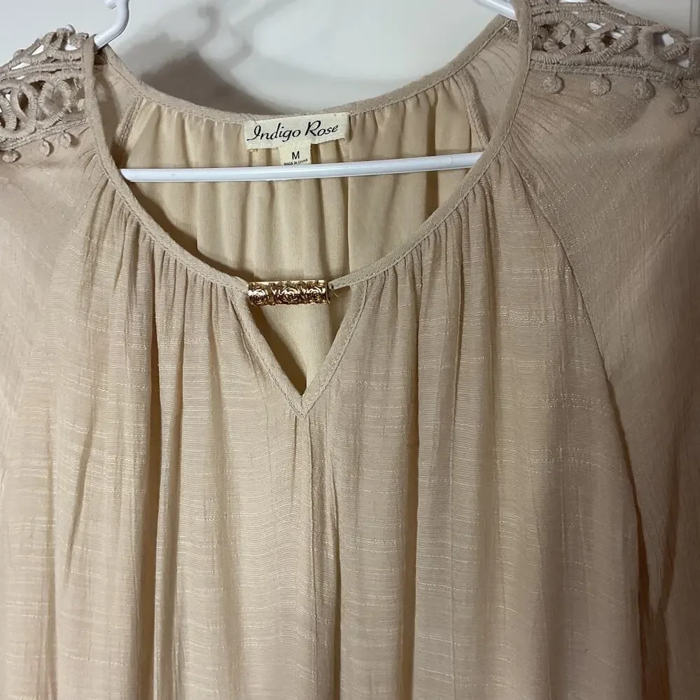 Indigo Rose Beige Crochet Bell Sleeve Lined Boho Peasant Cottage Hippy Tunic M - Picture 4 of 8